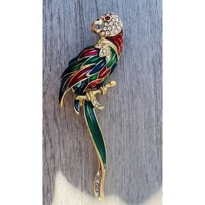 Enamel Bird Parrot Figural Brooch Pin Rhinestones